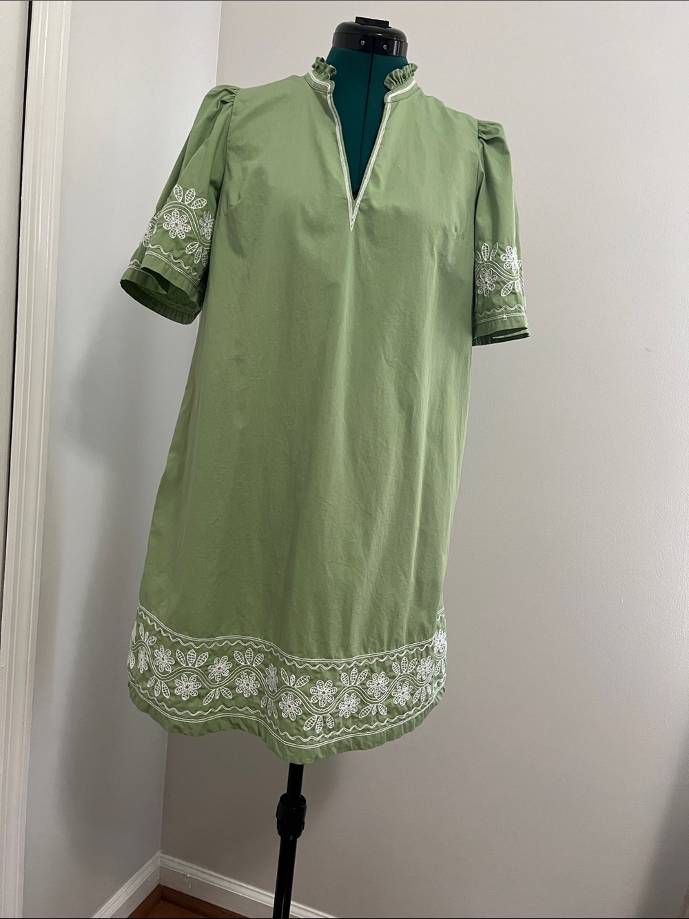 crown & ivy Sage Green Embroidered Mini Dress